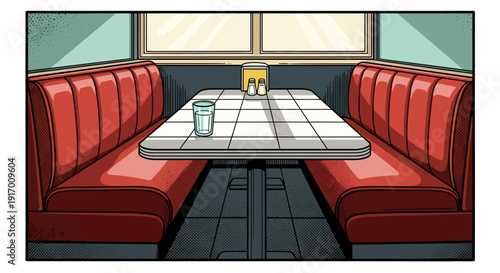 Retro diner booth with sunlit table and red seats in pop art style