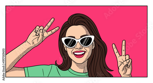 Pop art smiling woman in sunglasses displaying peace signs on pink background