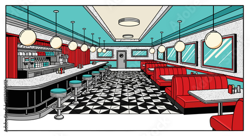 Retro pop art diner interior with red booths and aqua accents