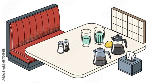 Retro diner booth isometric scene with coffee pots and glasses