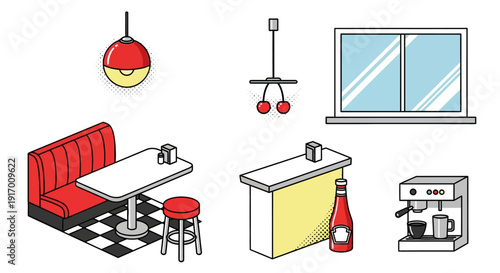 Retro diner elements with pop art style featuring furniture and kitchen items