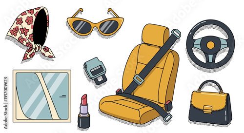 Retro car accessories in modern pop art style with vibrant colors and bold details