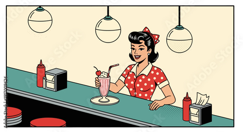 Retro diner vibe with smiling woman in polka dot dress enjoying milkshake