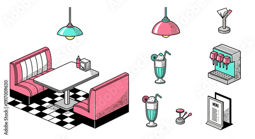 Retro diner isometric layout with booth, drinks, and decor elements
