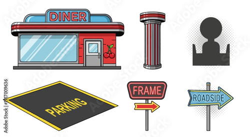 Retro diner theme: nostalgic icons of an american roadside