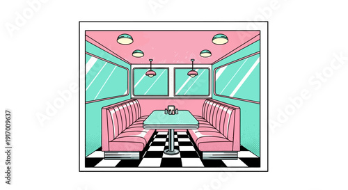 Retro diner pop art style: 1960s pink and mint green interior with checkered floor