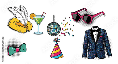 Colorful retro party elements with disco ball and accessories