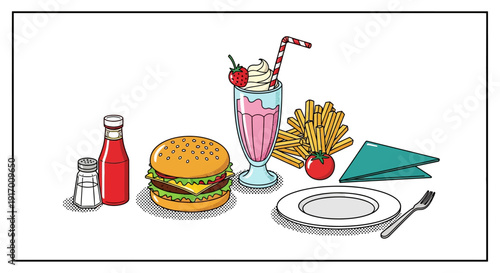 Retro pop art diner meal with burger, milkshake, and fries on white background