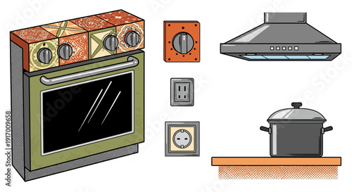 Retro kitchen elements with vintage stove, range hood, and pot illustrating classic design