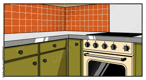 Retro kitchen interior with orange tiled walls and vintage olive cabinets