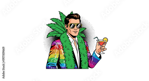 Colorful pop art style man with rainbow jacket and cocktail in hand