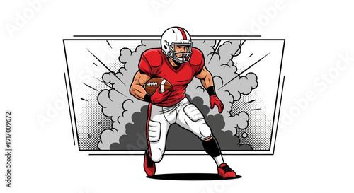 Dynamic american football player charging through smoke in comic style