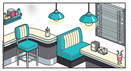 Retro diner interior with turquoise booth and barstool in isometric style