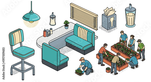 Isometric gardeners and cafe interior elements in flat design
