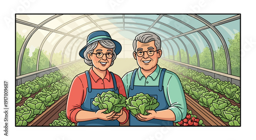 Elderly couple farming in greenhouse: happy organic gardeners holding fresh harvest