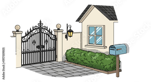 Charming suburban house with iron gate and mailbox in cartoon style
