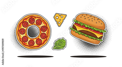 Pop art pizza and burger with cheese and lettuce in comic style