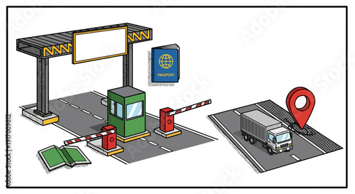 Isometric border crossing with truck and passport elements