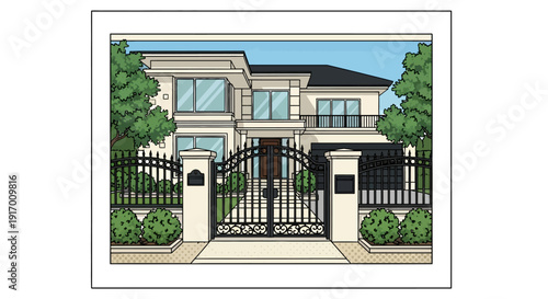 Elegant modern mansion with iron gate and lush greenery