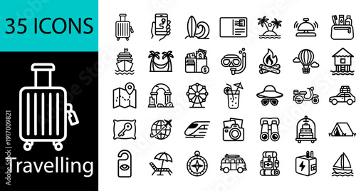 Travelling Icons: A vibrant set of 35 line icons capturing the essence of travel, vacation, and adventure. Perfect for travel agencies, blogs, and apps.