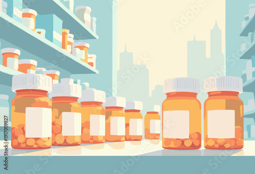 Pill Bottle background Out focus orange prescription bottles distance Pharmacy