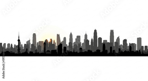 A minimalist vector graphic of a city skyline at sunset