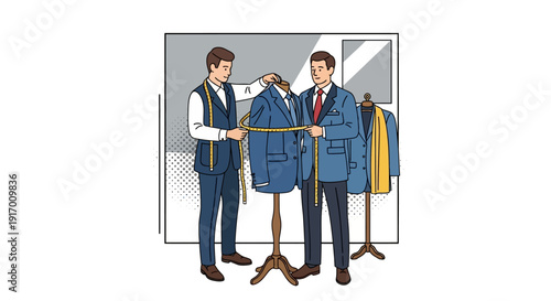 Tailors measuring suit on mannequin in elegant shop setting