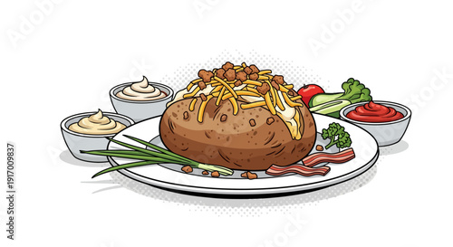 Delicious loaded baked potato on a plate with toppings