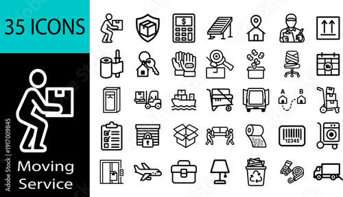 Moving Service Icons Set: A comprehensive collection of 35 line icons representing moving, relocation, logistics, and storage services. Perfect for websites and apps.
