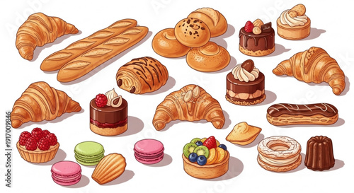 A colorful illustration of various baked goods and desserts on a white background