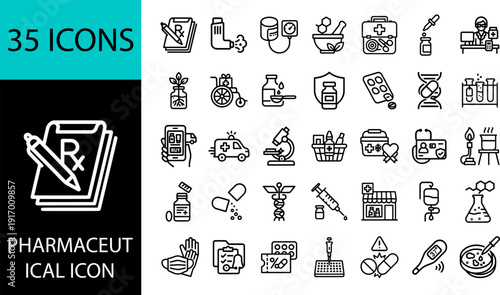 Pharmaceutical Icon Set: A clean and modern collection of 35 line icons covering healthcare, medicine, pharmacy, and medical services. Ideal for medical websites and apps.