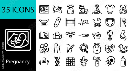 Pregnancy Icon Set: A charming collection of 35 line icons featuring elements related to pregnancy, childbirth, babies, and maternity care. Great for parenting and healthcare sites.