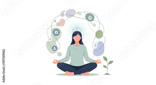A serene woman meditating in a peaceful environment with digital icons surrounding her.