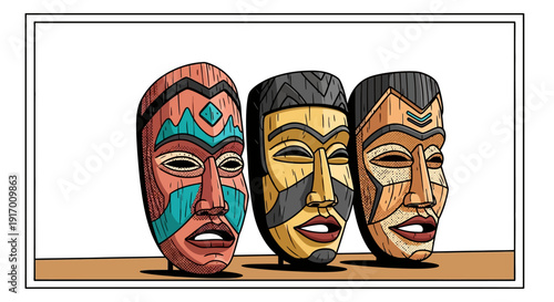 Colorful tribal masks in pop art style with bold patterns and textures