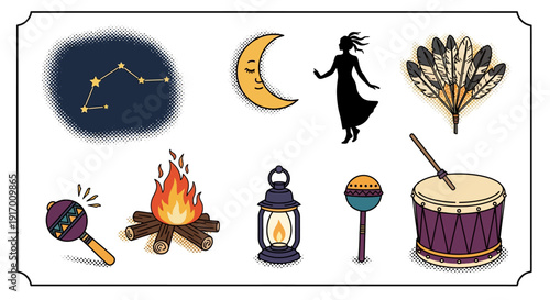 Mystical night elements with moon, fire, and musical instruments