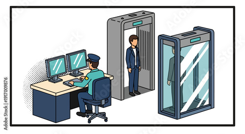 Security screening process with metal detector and x-ray in isometric style