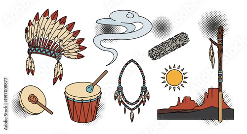 Native american cultural symbols set in pop art style with feather headdress, drum, dreamcatcher, sage, sun, and desert landscape