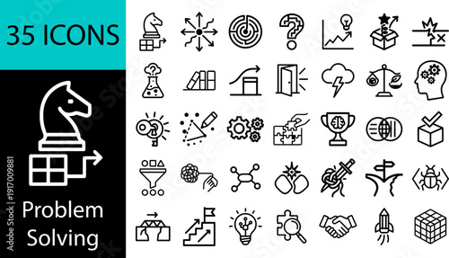 Problem Solving Icons: A diverse set of 35 line icons representing problem-solving, strategy, innovation, and critical thinking. Perfect for business and educational content.