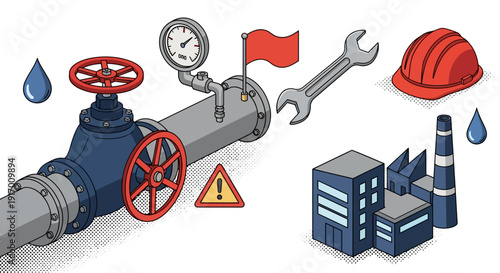 Industrial pipework and safety symbols in modern isometric style