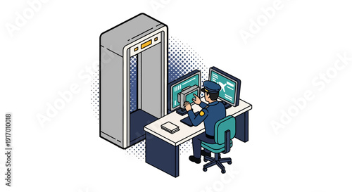 Airport security checkpoint with guard monitoring x-ray screening on computer