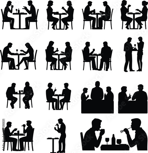 "Collection of black silhouette illustrations showing people dining, drinking, and socializing together in various settings, highlighting human interaction, conversation, and lifestyle 