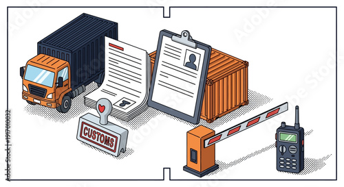 Isometric customs and logistics security elements with truck and containers