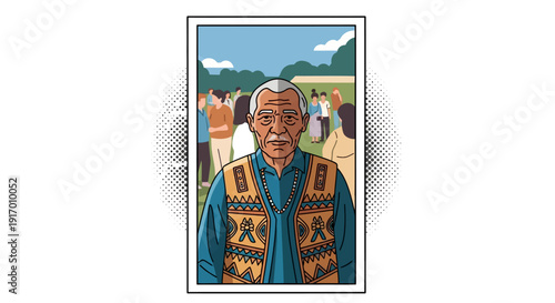 Traditional portrait of elder with patterned vest in outdoor gathering