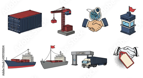International trade symbols with cargo ships, cranes, and customs icons