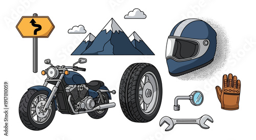 Retro motorcycle adventure gear with mountain elements and tools