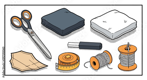 Sewing tools set in comic style with scissors, tape measure, and thread