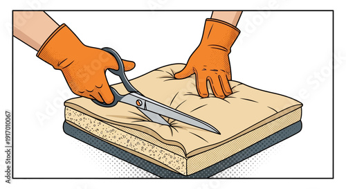 Crafting upholstery: hands using scissors to cut foam cushion in comic style