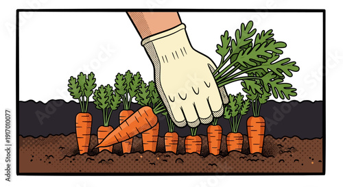 Harvesting carrots by hand in a comic style garden scene