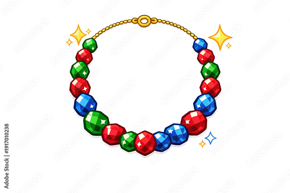 Obraz premium Gold chain necklace with sparkling multicolored beads, red, green, blue faceted gemstones, cartoon jewelry design