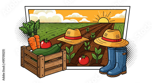 Farm scene with vegetables, hats, and boots in a pop art style